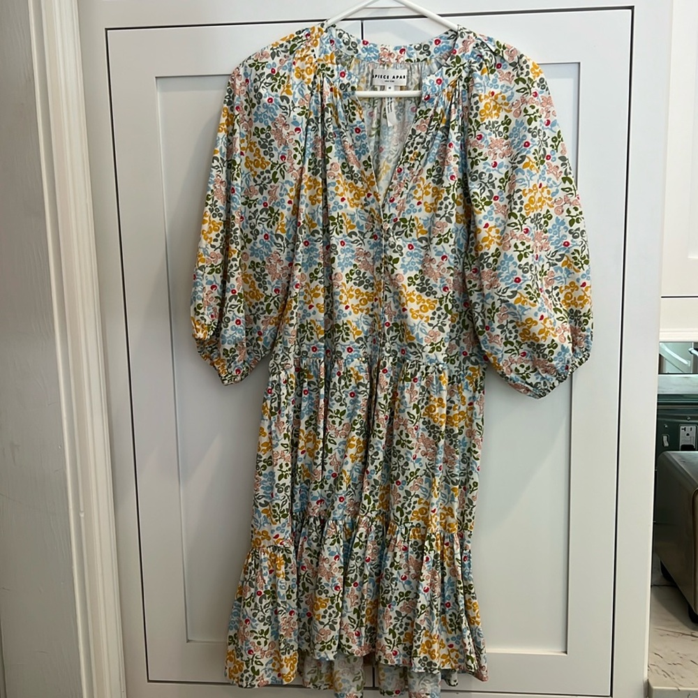 Apiece Apart Floral Tiered Mini Dress in Yellow, Blue, Green, Pink